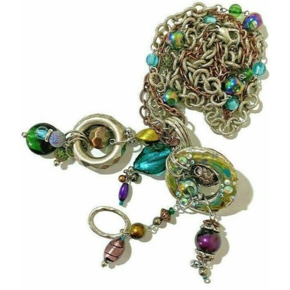 Double Chain Long Statement Necklace Copper Silver Tone - Picture 1 of 7